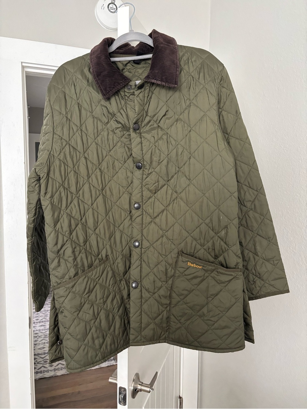 Barbour Olive Green Quilted Jacket with Brown Corduroy Collar - Picture 2 of 4